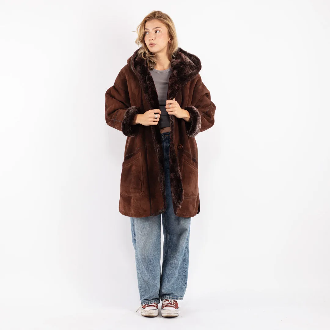 Vintage 80's Women Hooded Sheepskin Coat in Brown