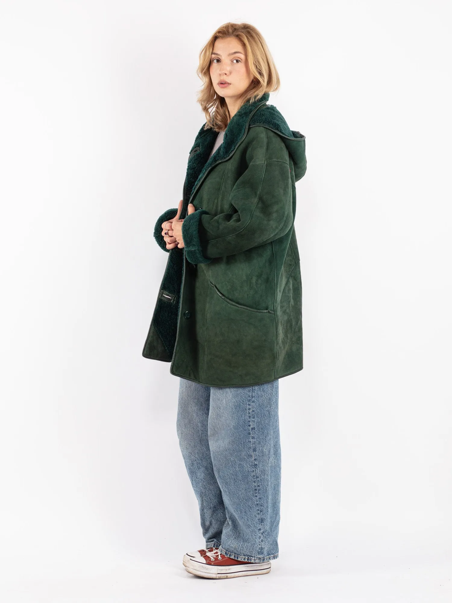 Vintage 80's Women Hooded Sheepskin Coat in Green