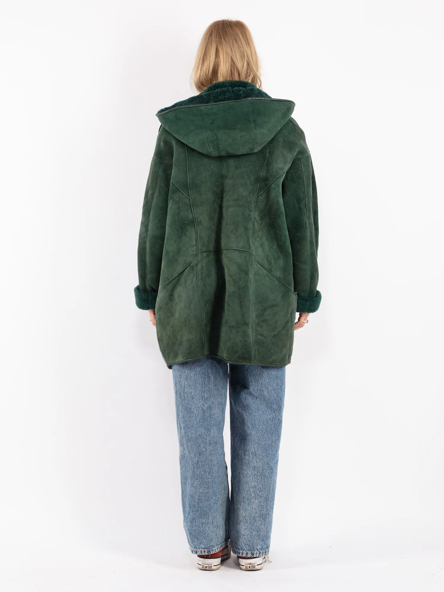 Vintage 80's Women Hooded Sheepskin Coat in Green