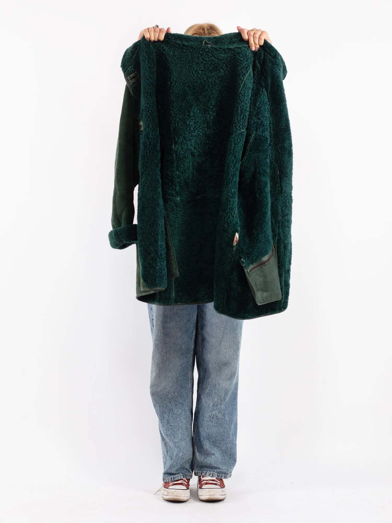 Vintage 80's Women Hooded Sheepskin Coat in Green