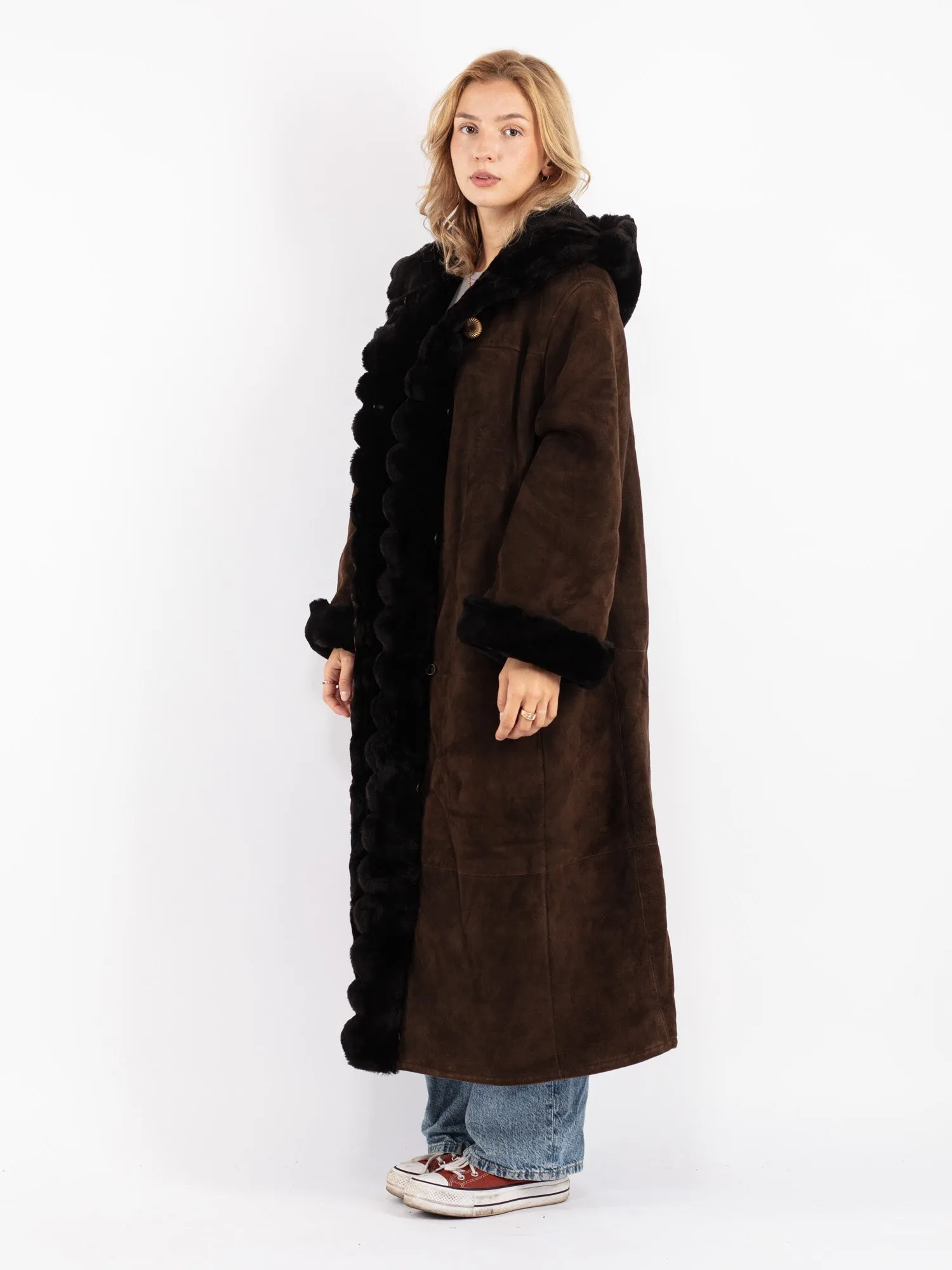 Vintage 80's Women Hooded Sheepskin Long Coat in Brown