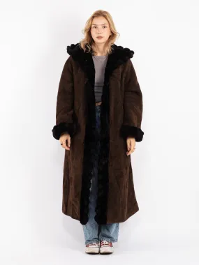 Vintage 80's Women Hooded Sheepskin Long Coat in Brown