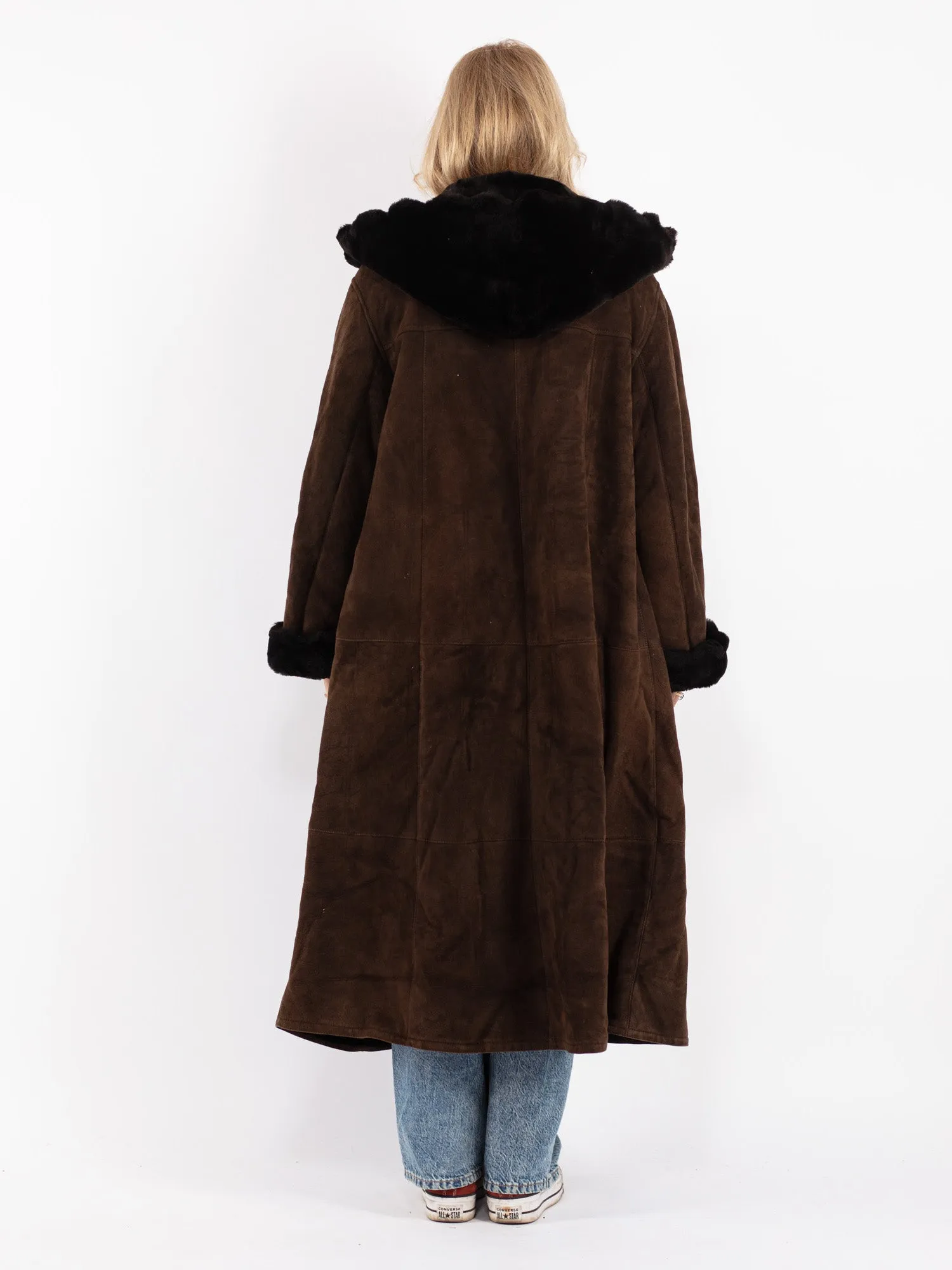 Vintage 80's Women Hooded Sheepskin Long Coat in Brown