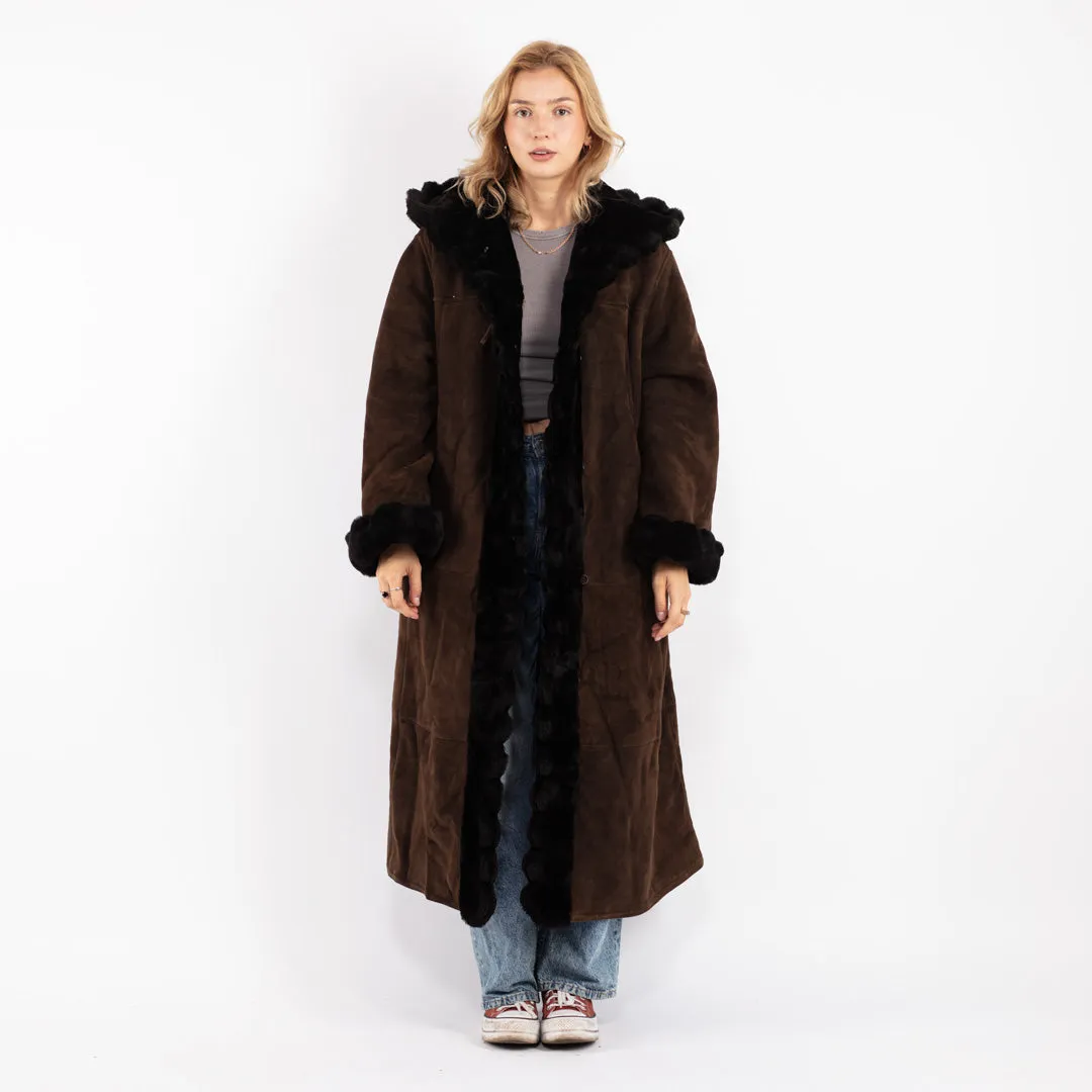 Vintage 80's Women Hooded Sheepskin Long Coat in Brown