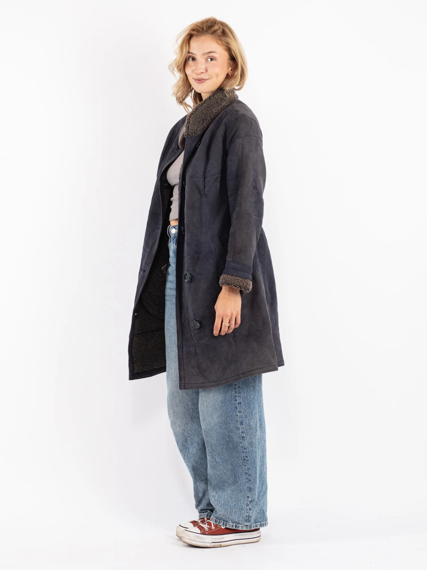 Vintage 80's Women Sheepskin Coat in Blue