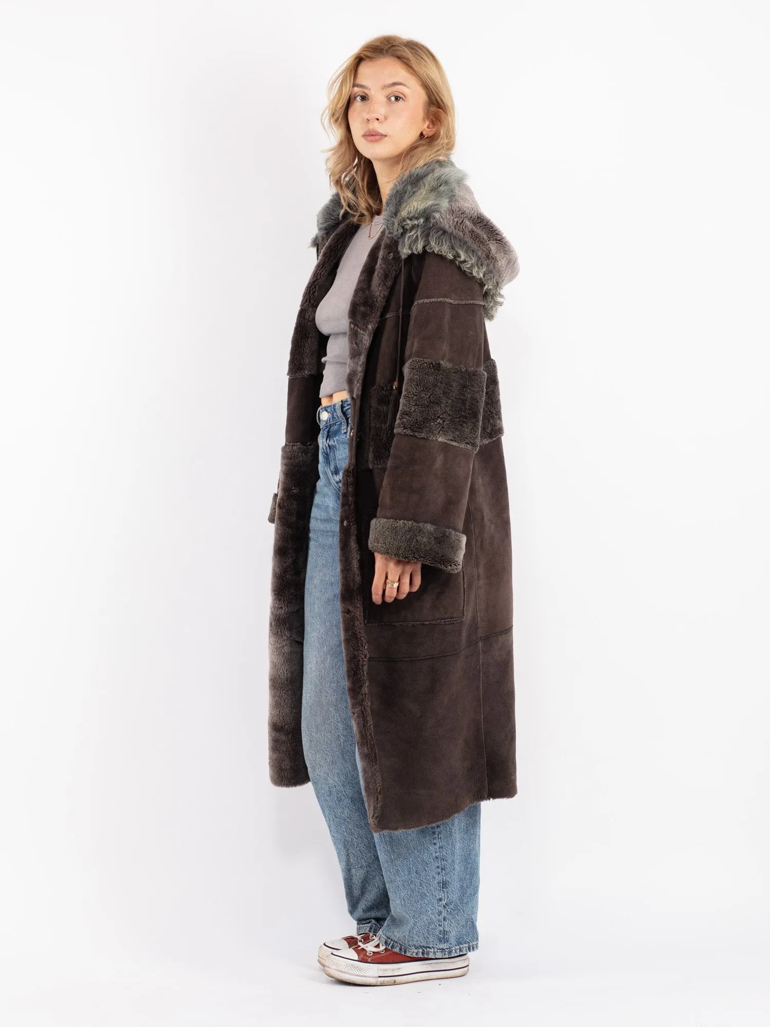 Vintage 80's Women Sheepskin Long Coat in Gray