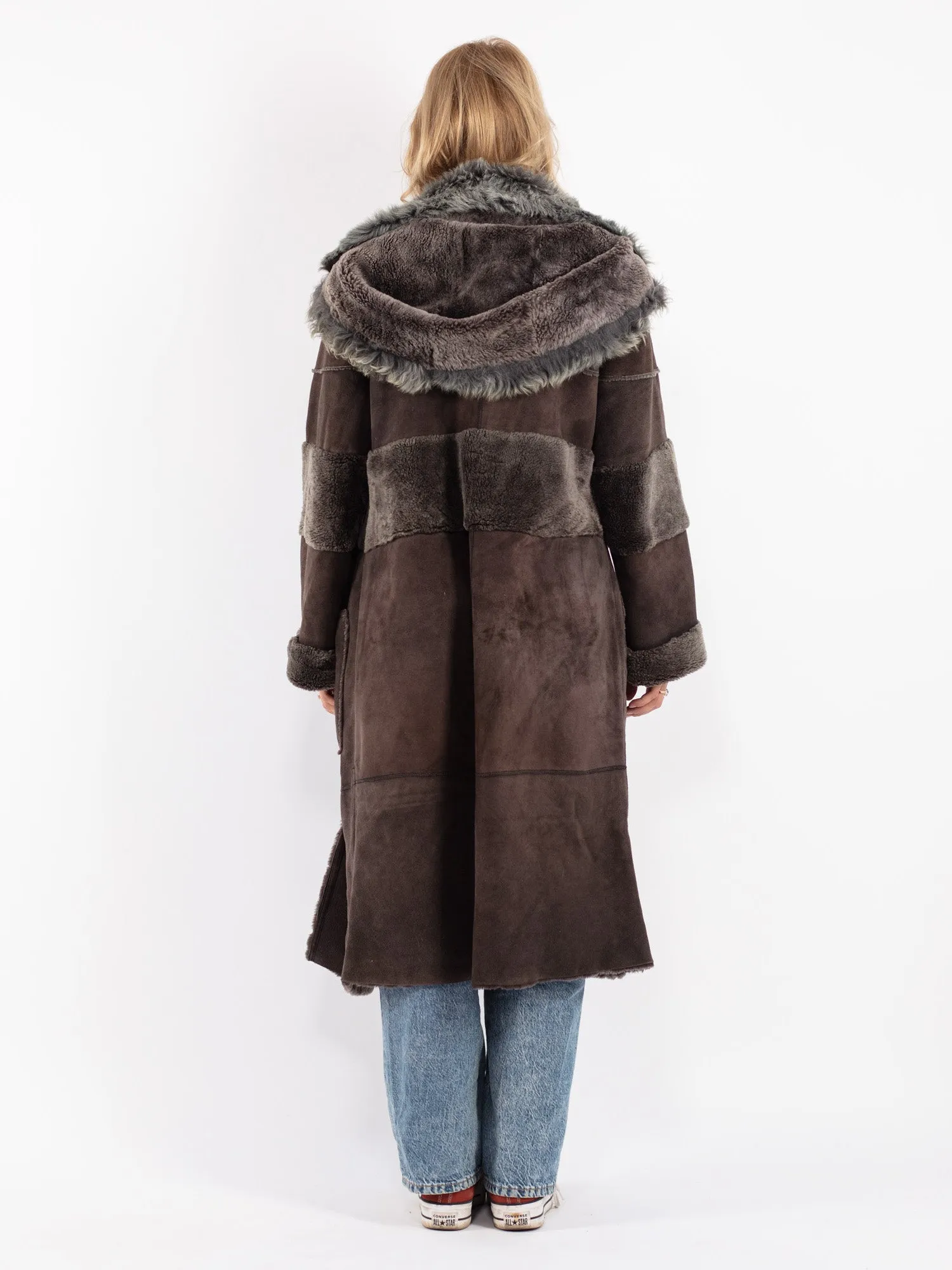 Vintage 80's Women Sheepskin Long Coat in Gray