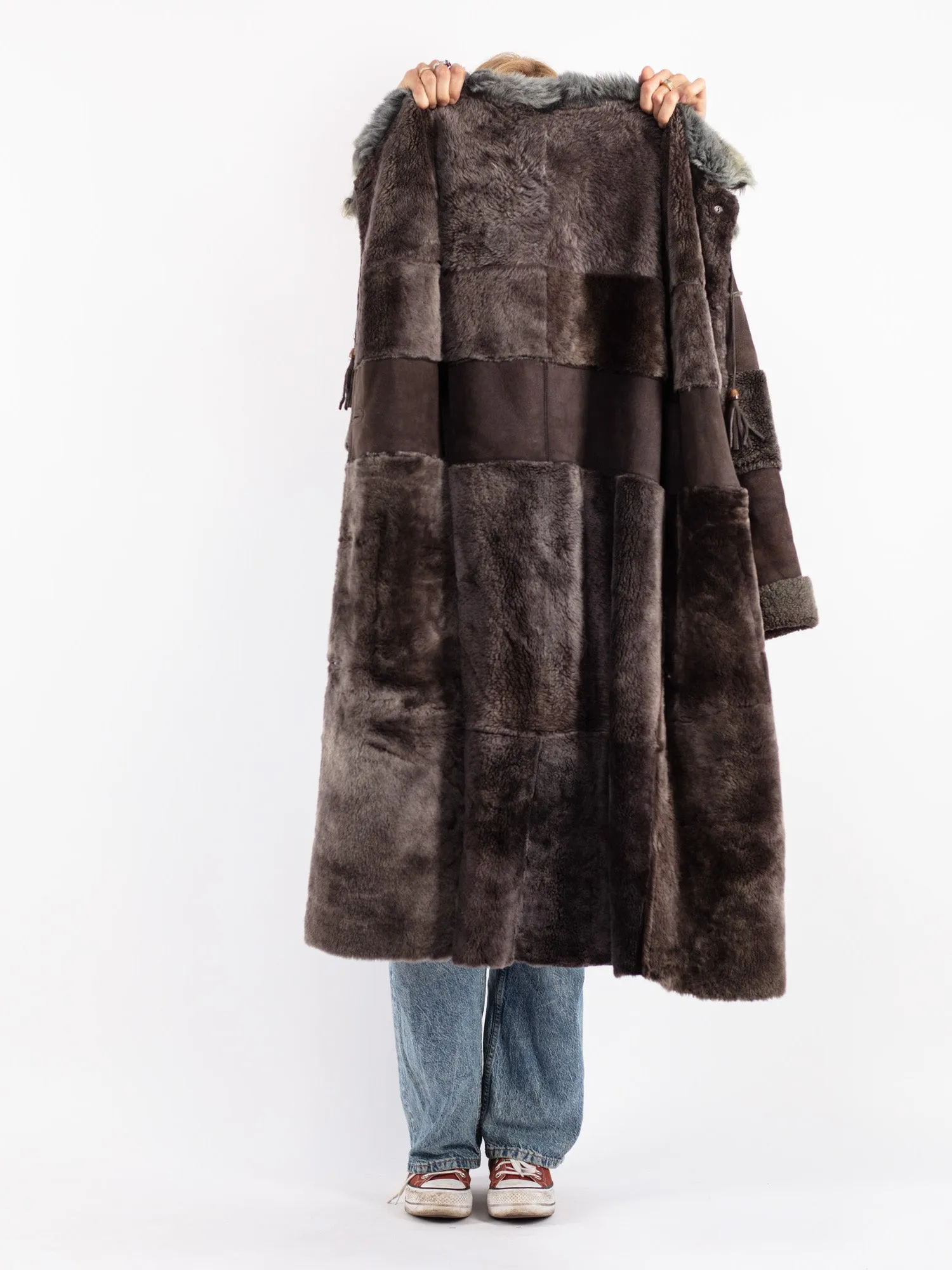 Vintage 80's Women Sheepskin Long Coat in Gray