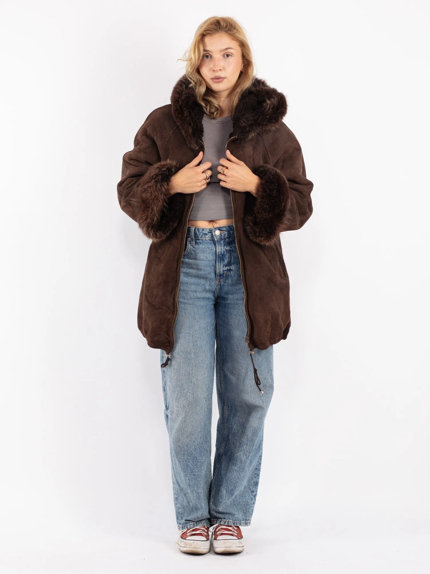 Vintage 90's Women Hooded Sheepskin Coat in Brown