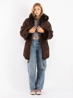 Vintage 90's Women Hooded Sheepskin Coat in Brown