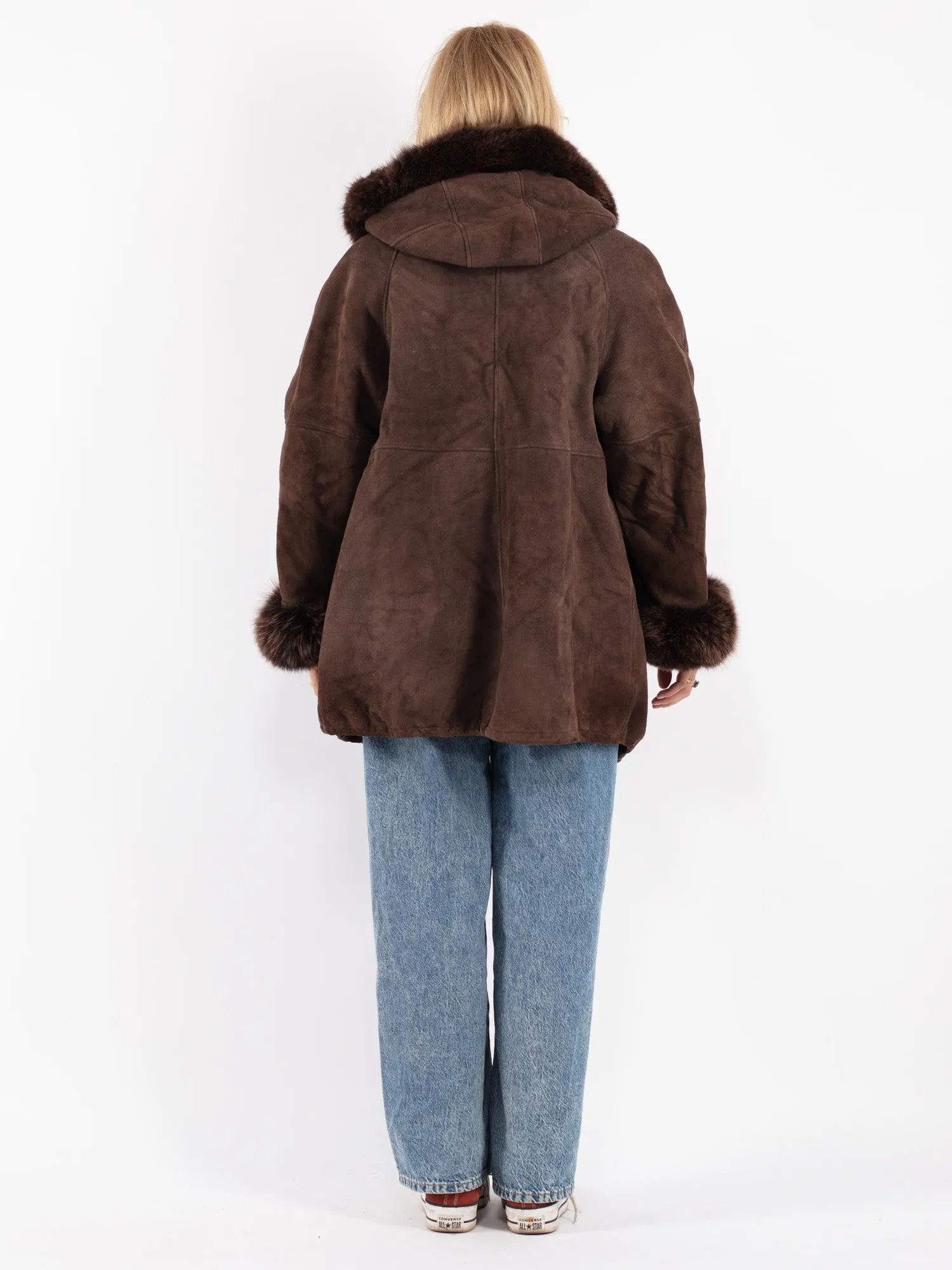 Vintage 90's Women Hooded Sheepskin Coat in Brown