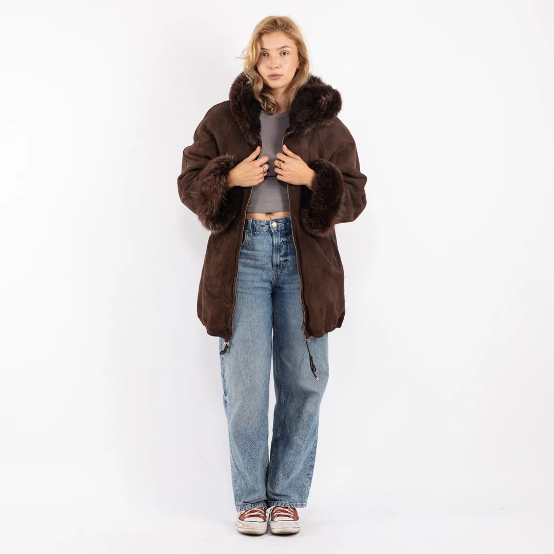 Vintage 90's Women Hooded Sheepskin Coat in Brown