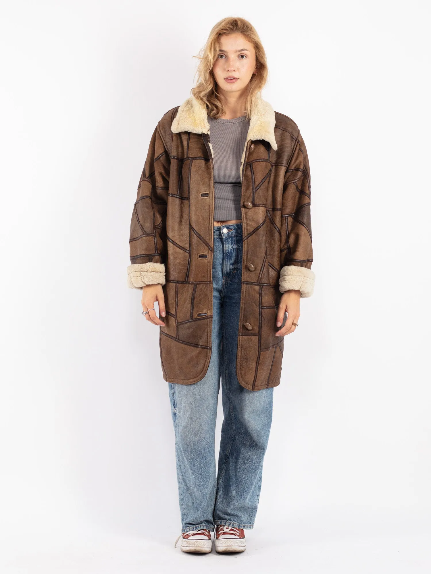 Vintage 90's Women Oversized Shearling Coat in Brown