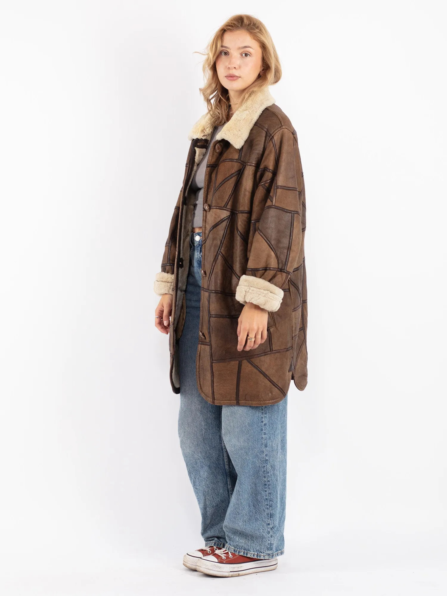 Vintage 90's Women Oversized Shearling Coat in Brown