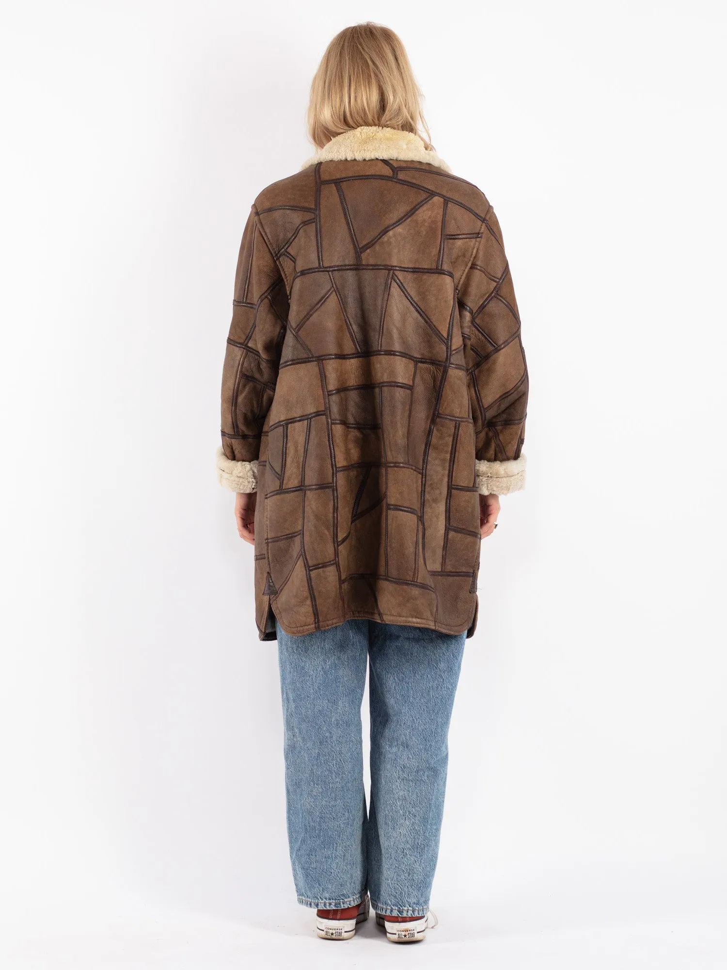 Vintage 90's Women Oversized Shearling Coat in Brown