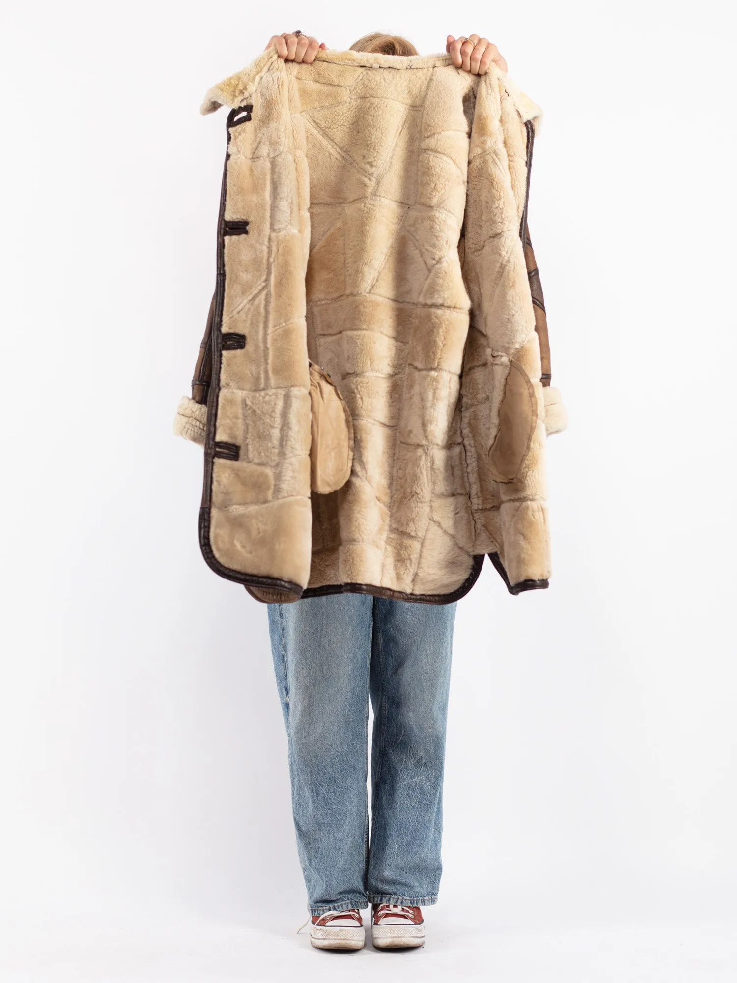 Vintage 90's Women Oversized Shearling Coat in Brown