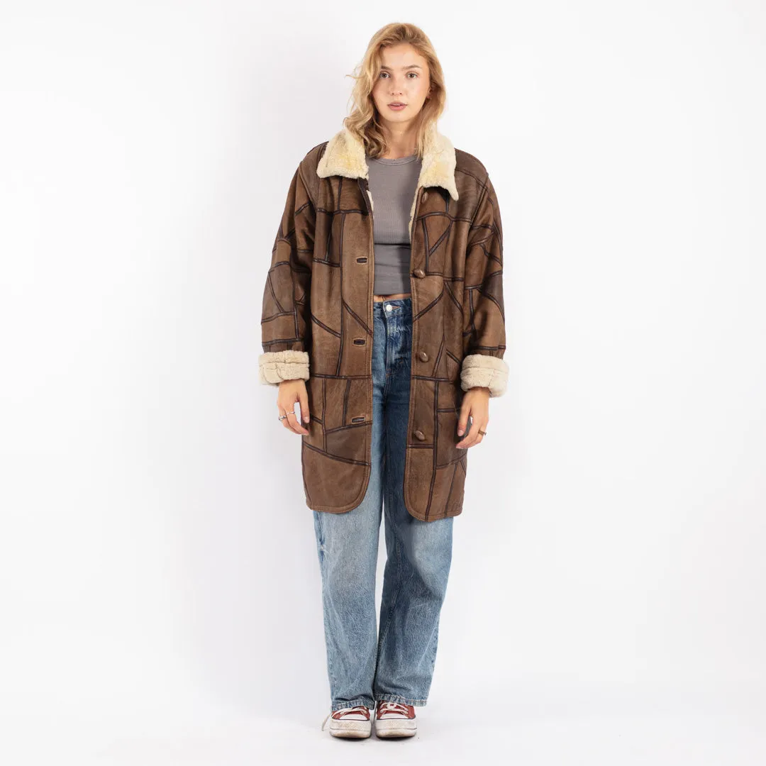 Vintage 90's Women Oversized Shearling Coat in Brown