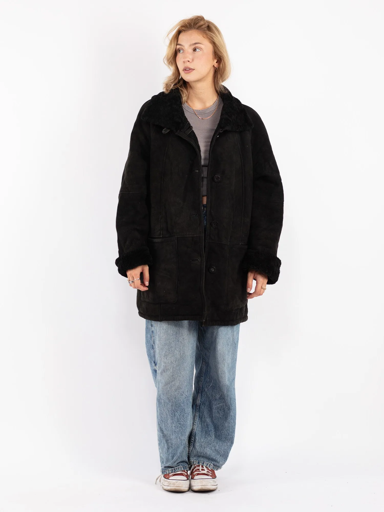 Vintage 90's Women Oversized Sheepskin Coat in Black