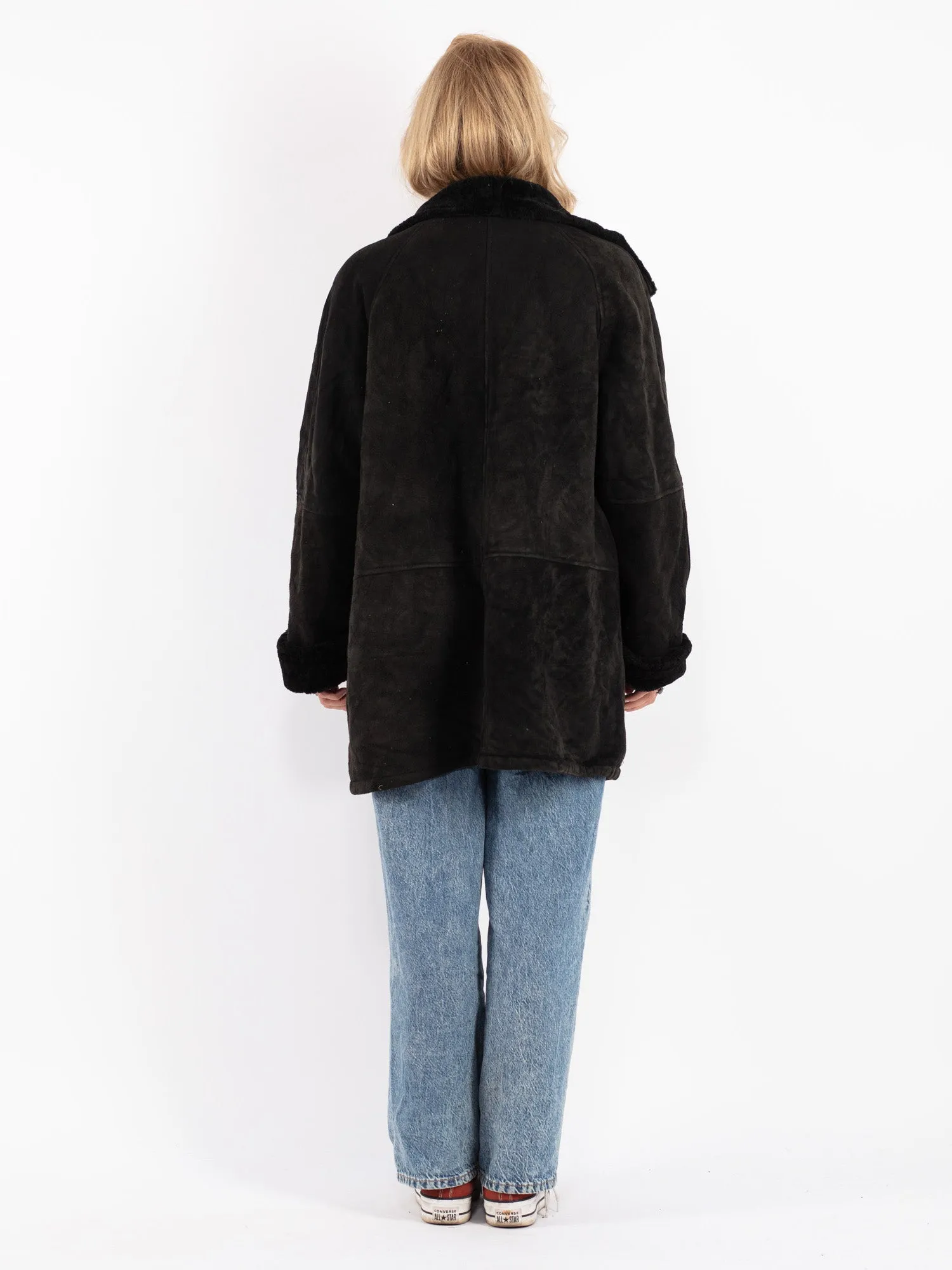 Vintage 90's Women Oversized Sheepskin Coat in Black