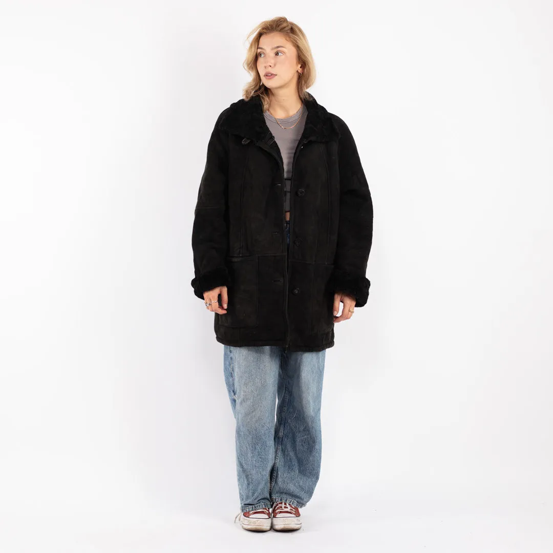 Vintage 90's Women Oversized Sheepskin Coat in Black