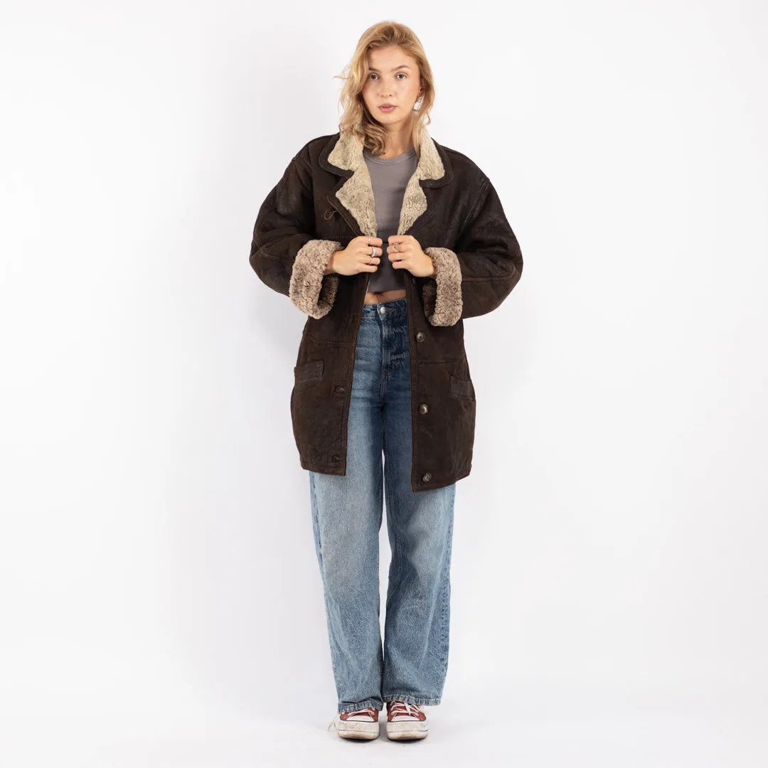 Vintage 90's Women Oversized Sheepskin Coat in Brown