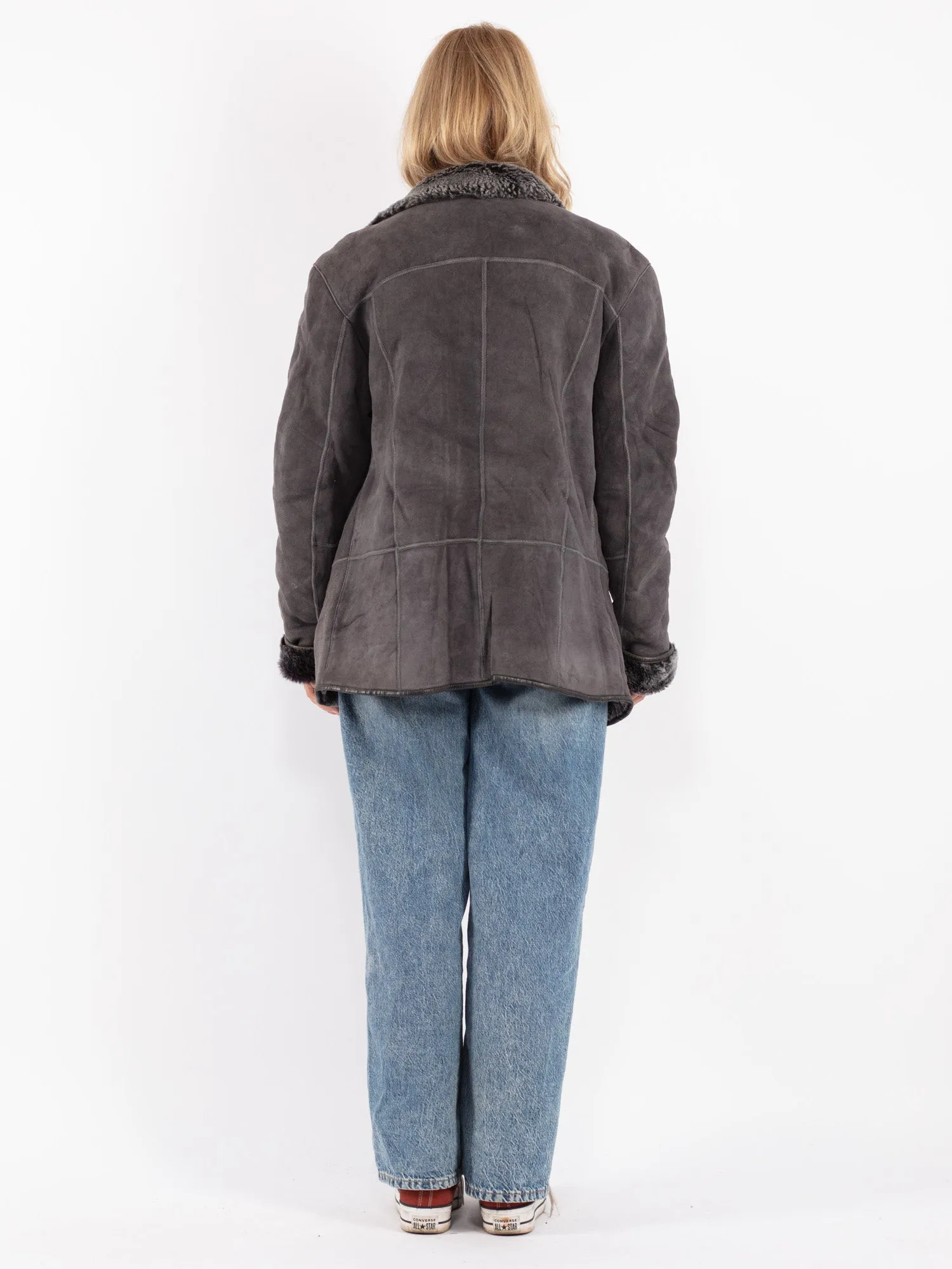 Vintage 90's Women Shearling Coat in Gray