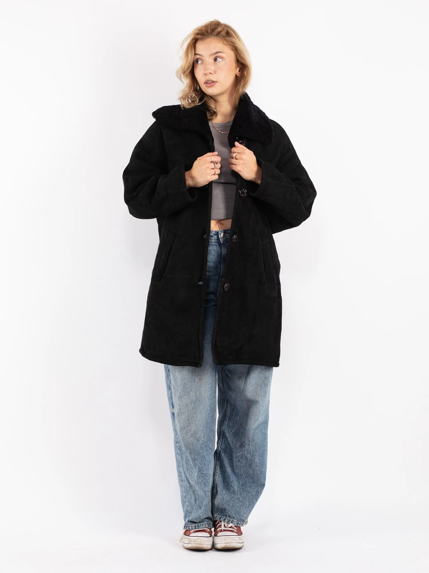 Vintage 90's Women Sheepskin Coat in Black