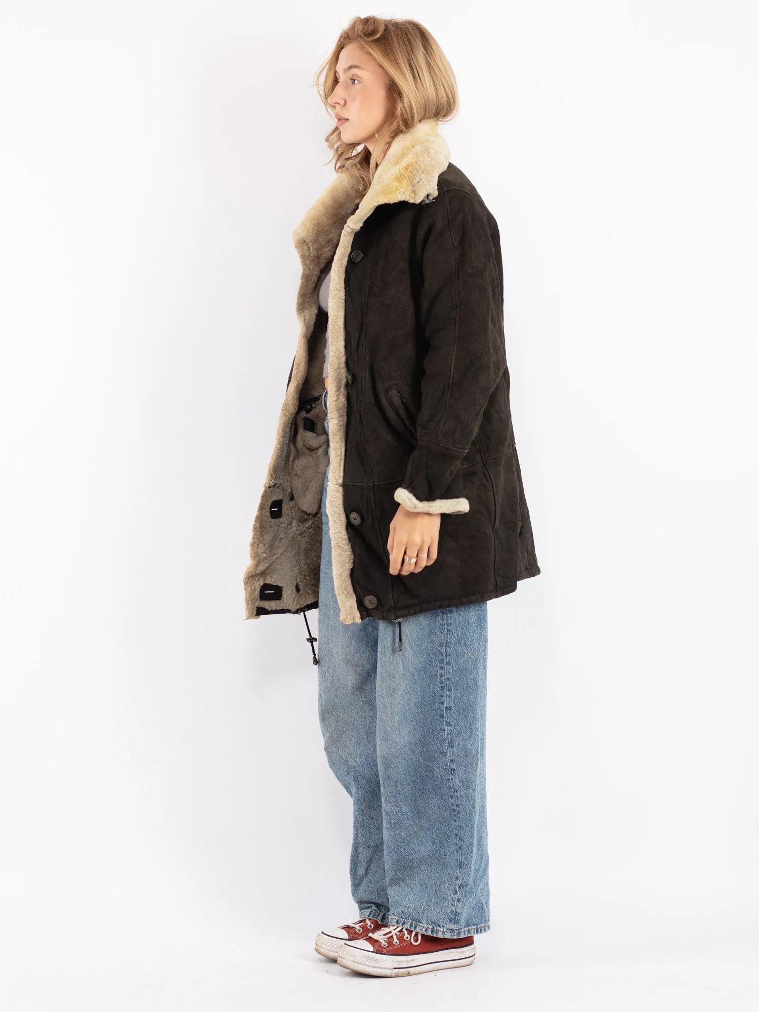 Vintage 90's Women Sheepskin Coat in Gray