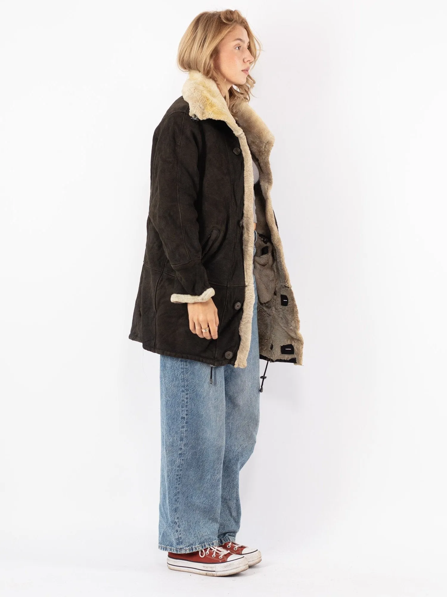 Vintage 90's Women Sheepskin Coat in Gray