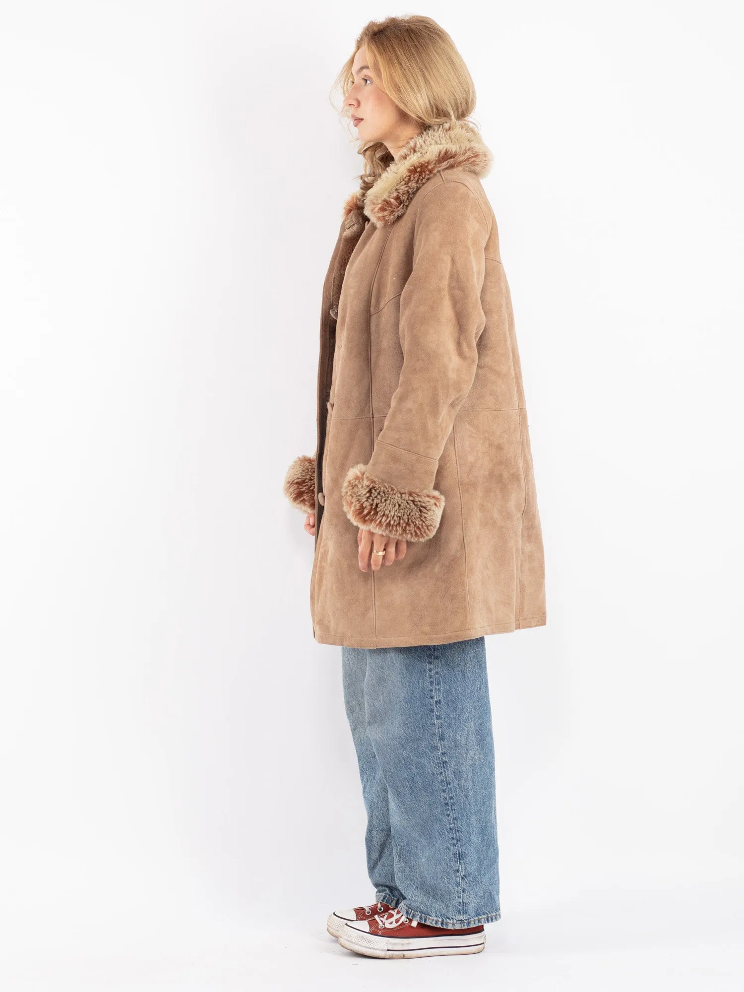 Vintage 90's Women Sheepskin Shearling Coat in Beige