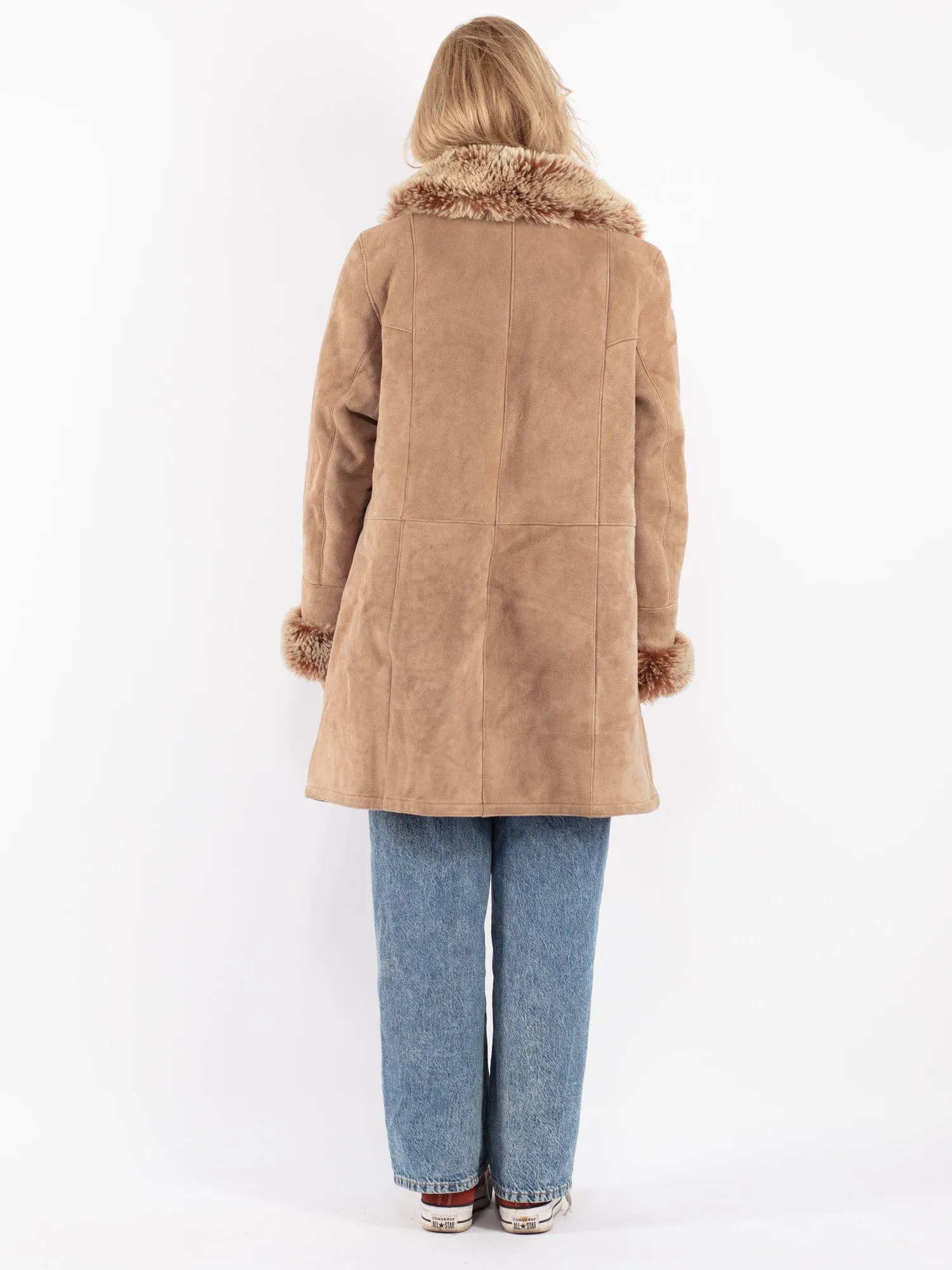 Vintage 90's Women Sheepskin Shearling Coat in Beige