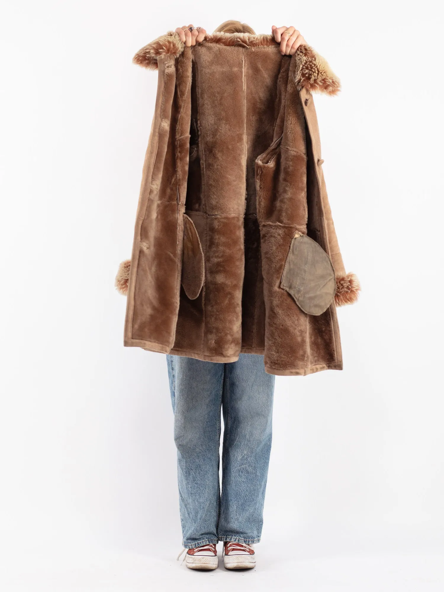 Vintage 90's Women Sheepskin Shearling Coat in Beige