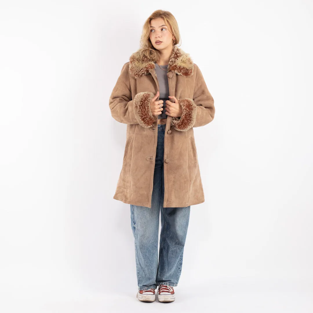 Vintage 90's Women Sheepskin Shearling Coat in Beige