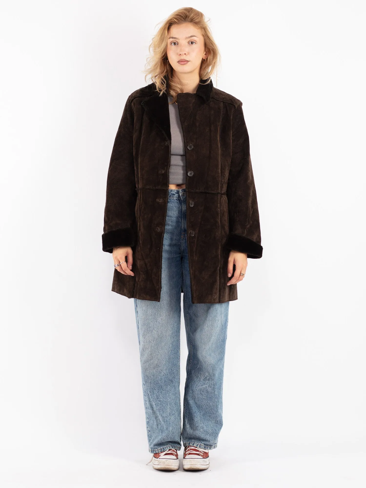 Vintage 90's Women Suede Sherpa Coat in Brown