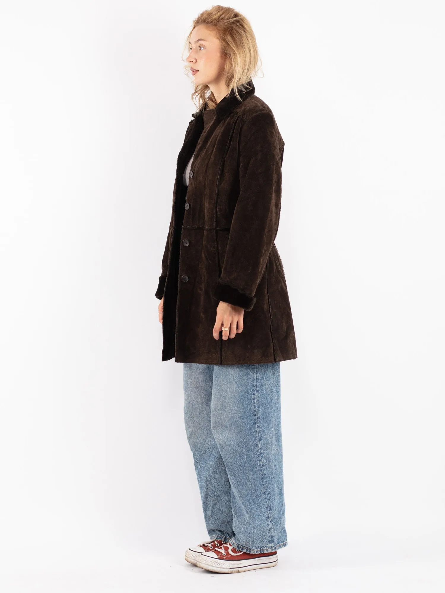 Vintage 90's Women Suede Sherpa Coat in Brown