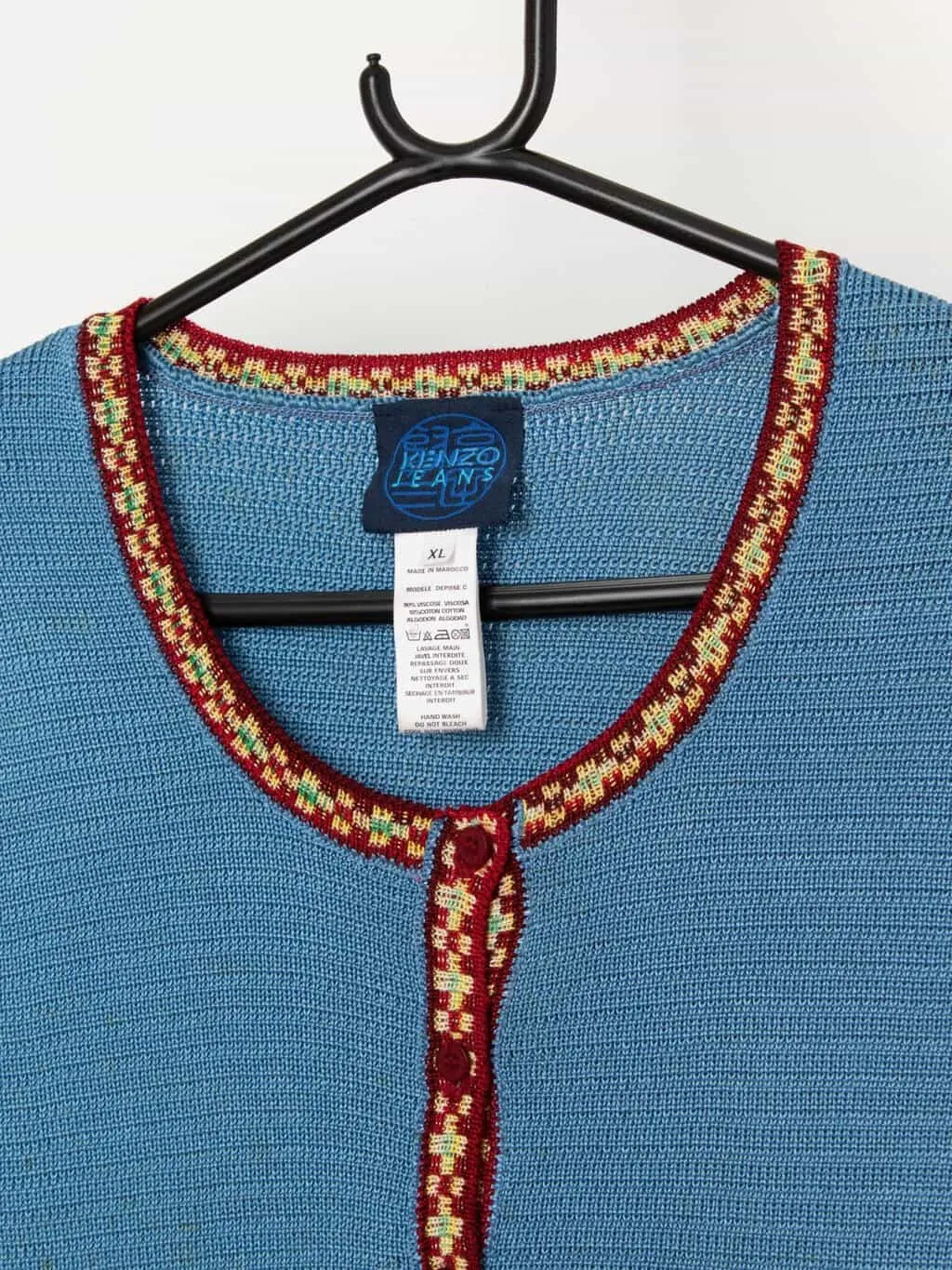 Vintage Kenzo Jeans knitted cardigan t-shirt in blue & burgundy – Medium / Large