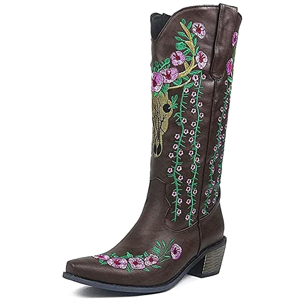 Western Cowgirl Embroidery Boots Pointed Toe Chunky Heel Western Mid Calf Boots