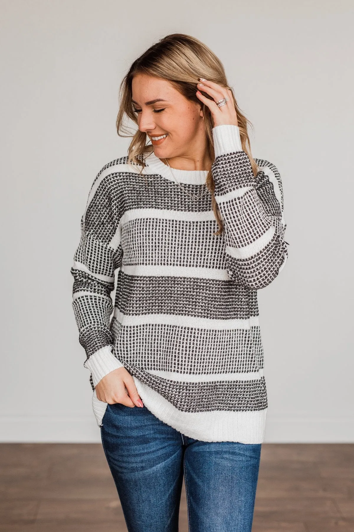 Winter Is In The Air Knit Sweater- Charcoal & Ivory