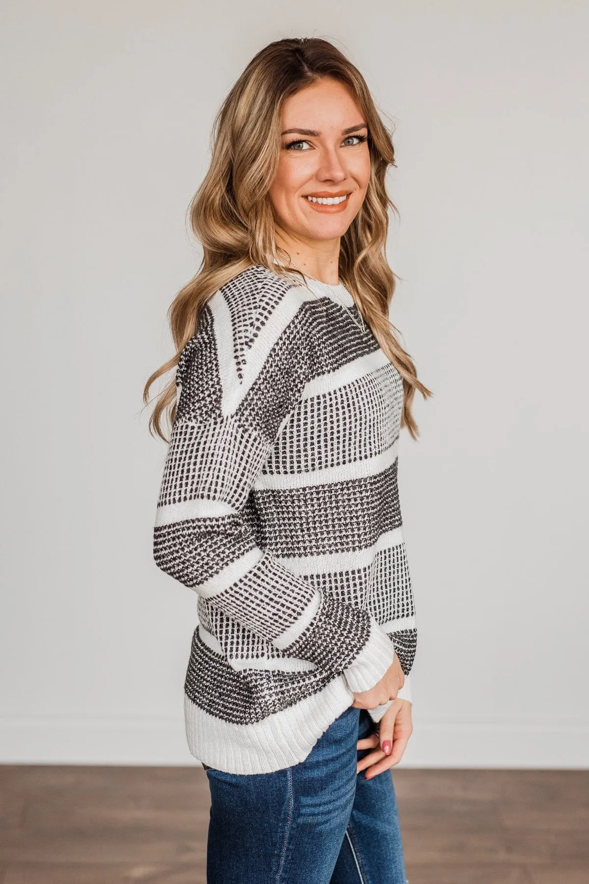 Winter Is In The Air Knit Sweater- Charcoal & Ivory