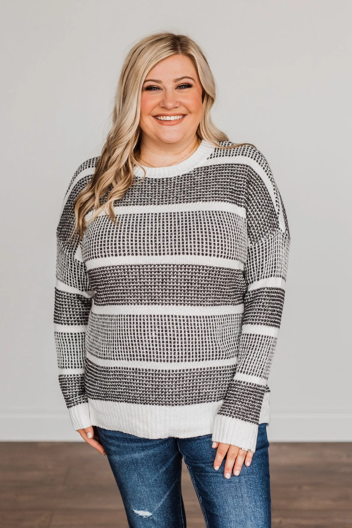 Winter Is In The Air Knit Sweater- Charcoal & Ivory