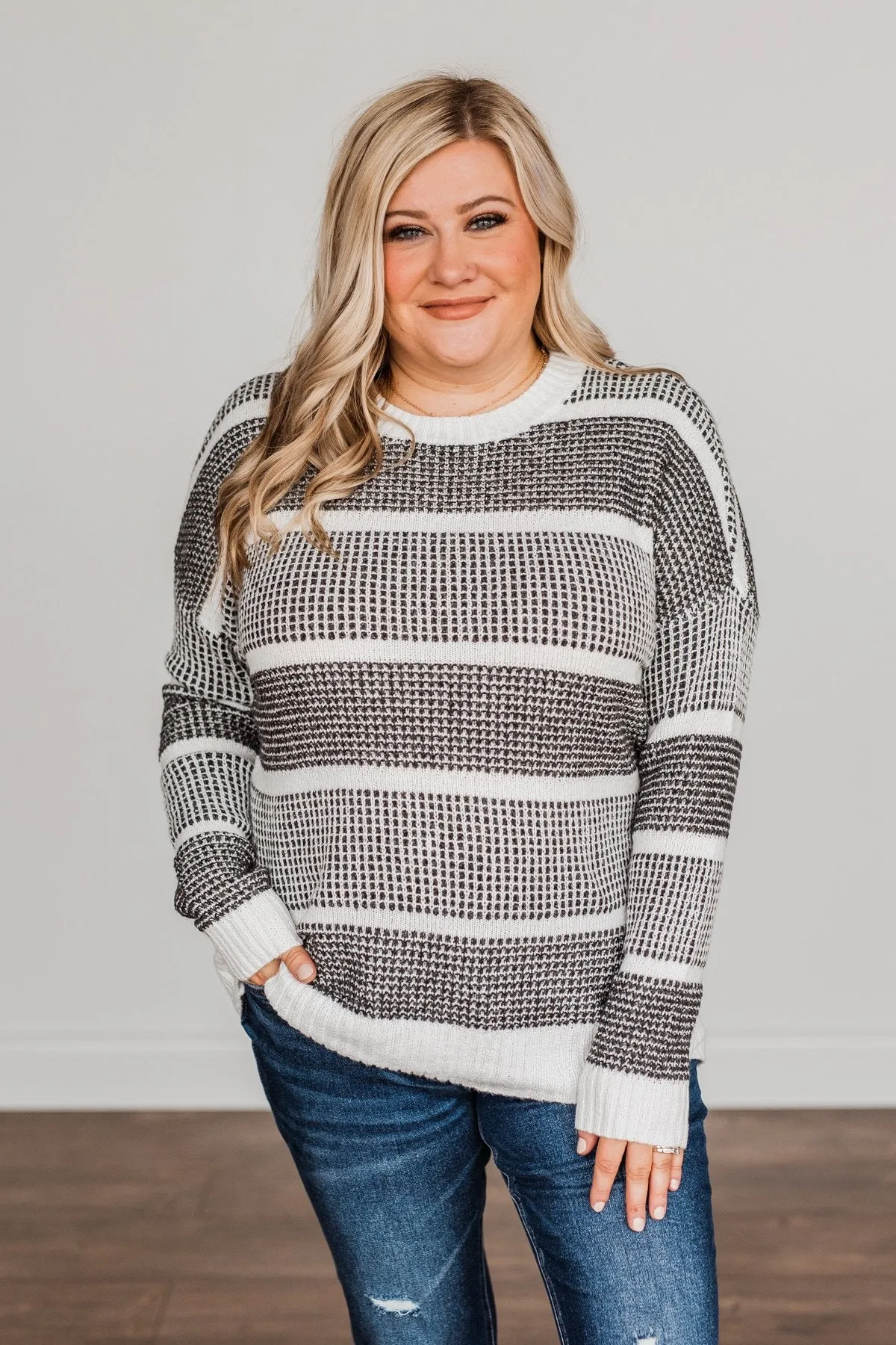 Winter Is In The Air Knit Sweater- Charcoal & Ivory