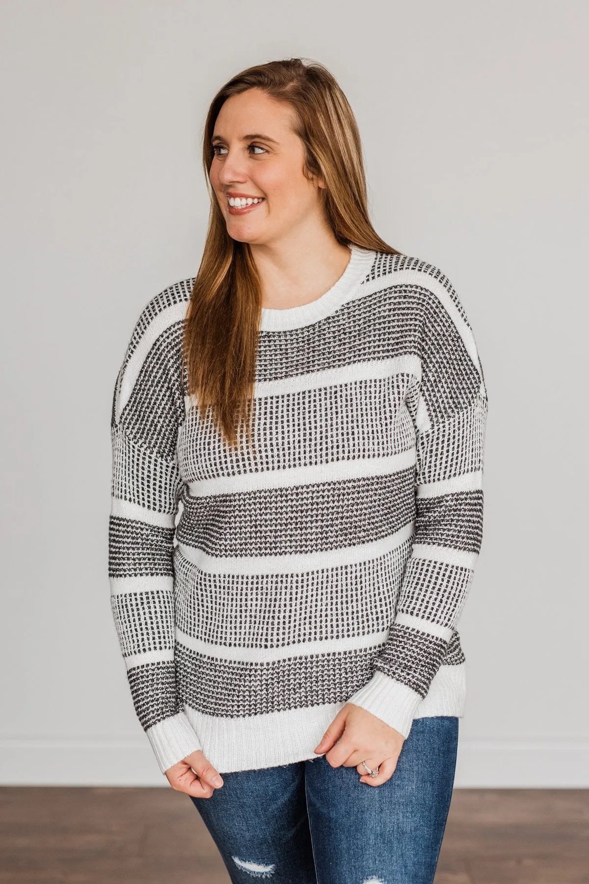 Winter Is In The Air Knit Sweater- Charcoal & Ivory