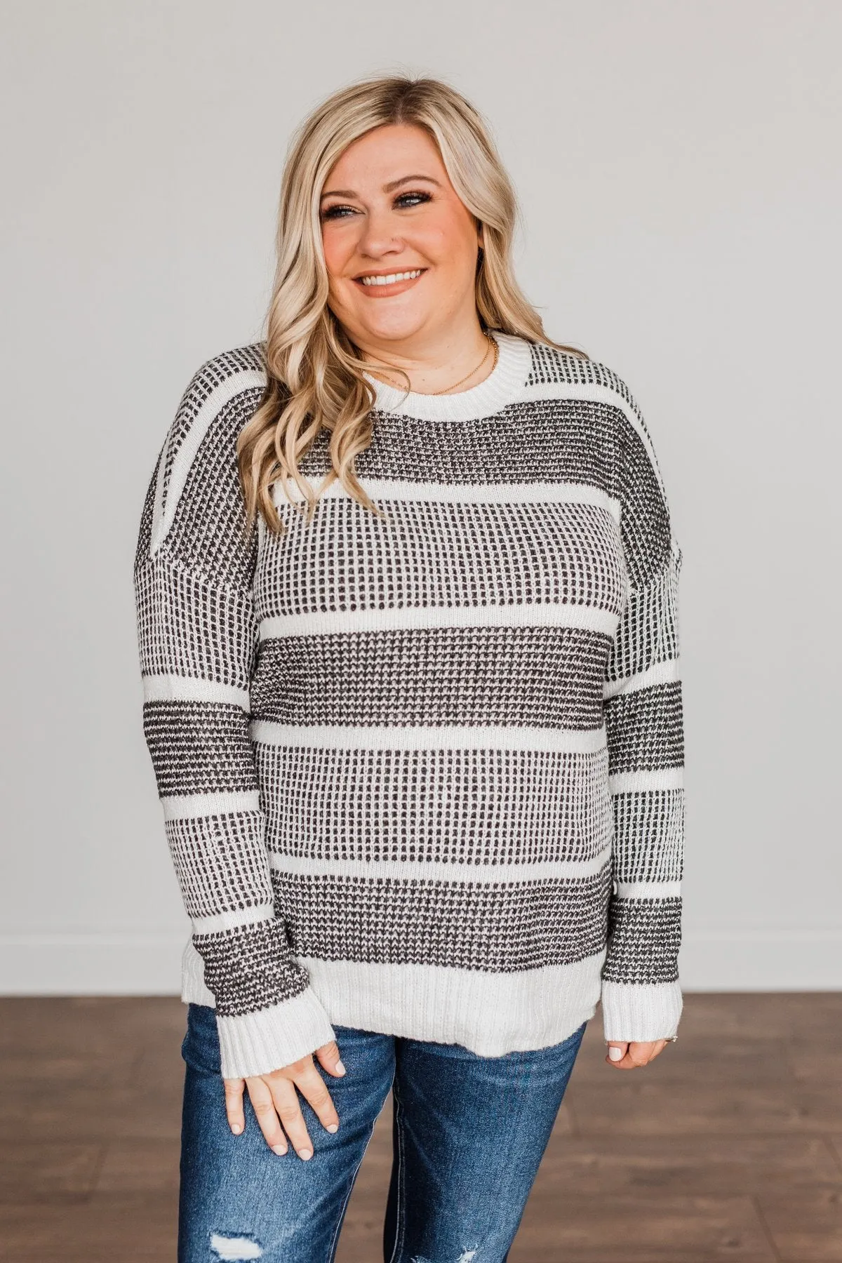 Winter Is In The Air Knit Sweater- Charcoal & Ivory