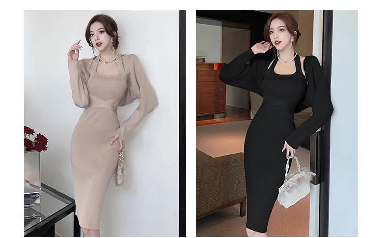 Winter Korean Women's Slim Knitted Coat 2 Piece Set Pencil Dresses