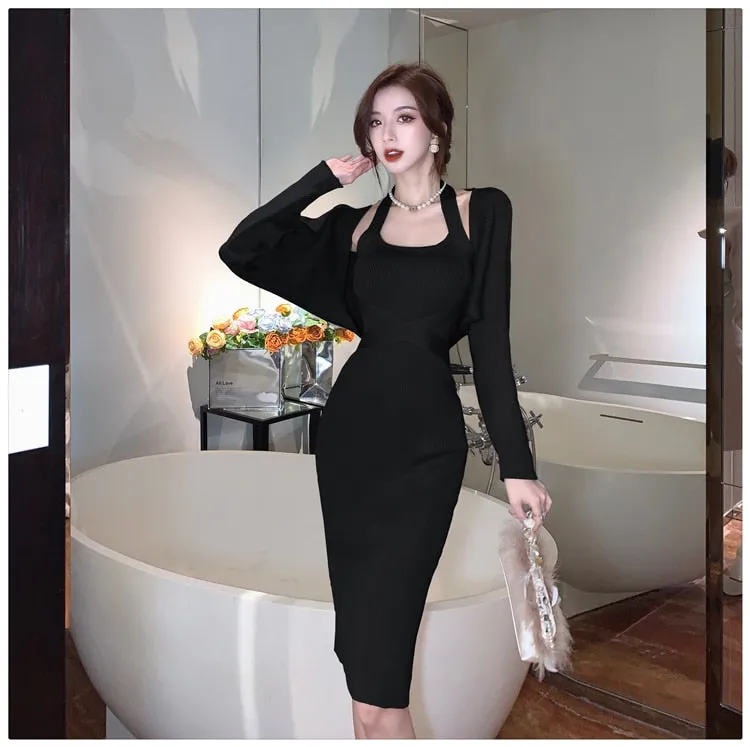 Winter Korean Women's Slim Knitted Coat 2 Piece Set Pencil Dresses