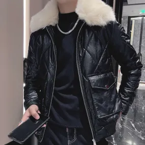 Winter Men Harajuku Bright Line Embroidered Fur Collar Thick Warm Coat