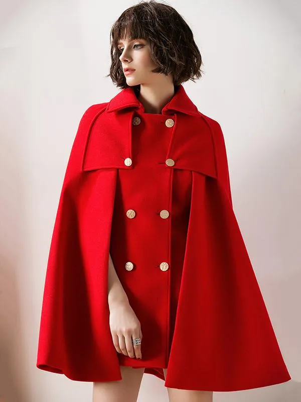 Women Burgundy Wool Blend Poncho Oversized Cape Coat Winter Outerwear 2024