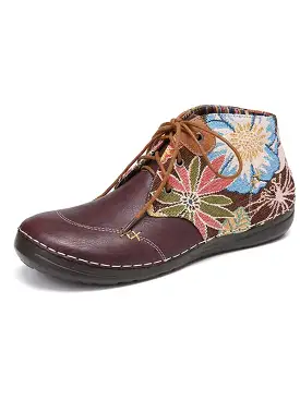 Women Ethnic Boho Style Boots Genuine Leather Flat Boots