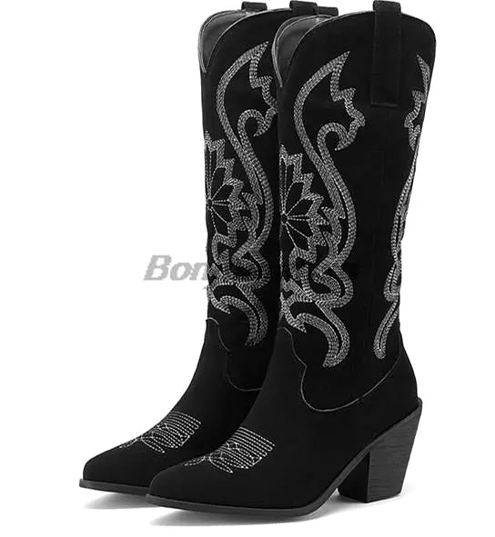 Women's Western Boots Embroidery Design Cowboy Cowgirls Boots Flock Fashion Pointed Toe Slip On Autumn Street Style Shoes Brand