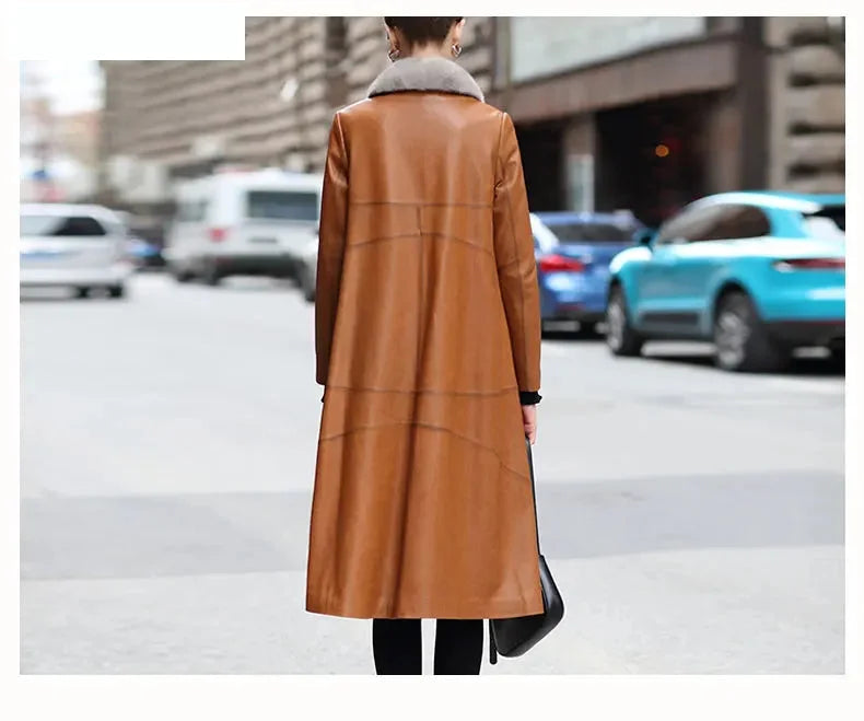 Women's Winter Warm Mink Fur Collar Sheepskin Leather Long Coat